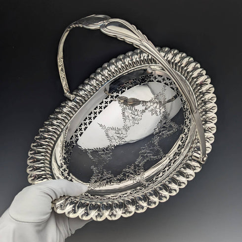 1902 British antique silver plate large basket Walker and Hall